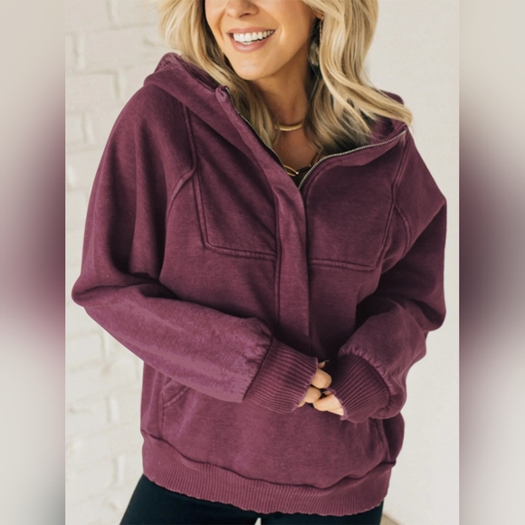 Half Zip Kangaroo Pocket Long Sleeve Hoodie - Picture 1 of 6